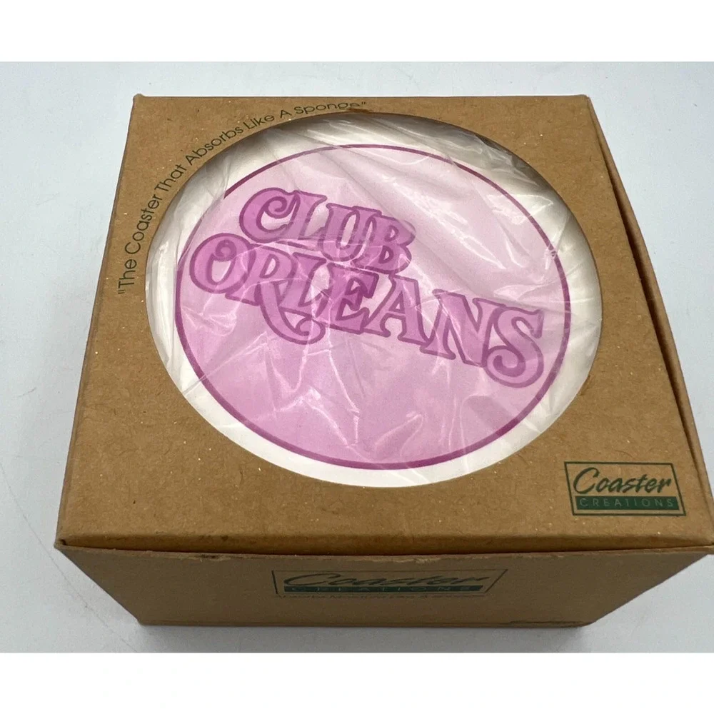 Club Orleans Casino Sandstone Drink Coasters Set of 4 Pink Logo With Box